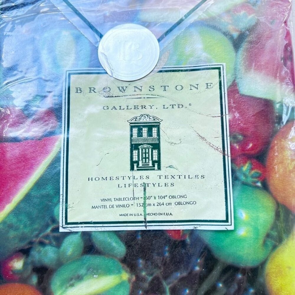 Vtg Vinyl‎ Tablecloth 60X104 Brownstone Gallery Oblong Fruit Multicolor